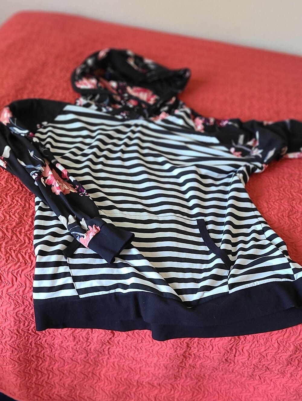 Black & White Striped Hoodie with Pink Floral Print